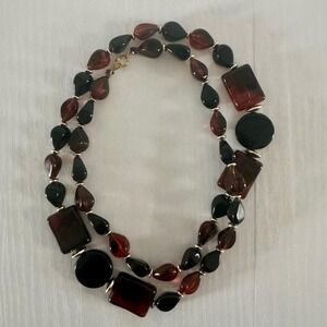 Vintage Chunky Amber Black Resin Bead Necklace Geometric Statement